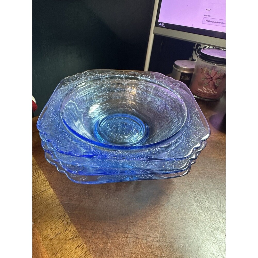 4PC Vintage Federal Glass Co. Madrid Etched Blue Glass Square Bowls USA